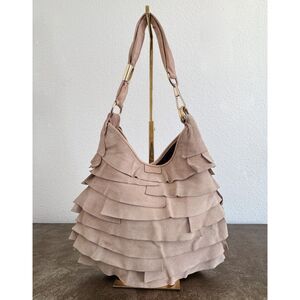 YSL Yves Saint Laurent St Tropez Blush-Taupe Suede Ruffle Hobo Bag